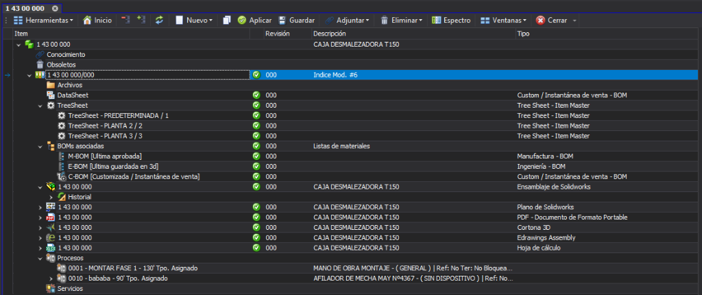 DigInd PLM Item Master UI - Árbol de Ingeniería, BOMs y Archivos