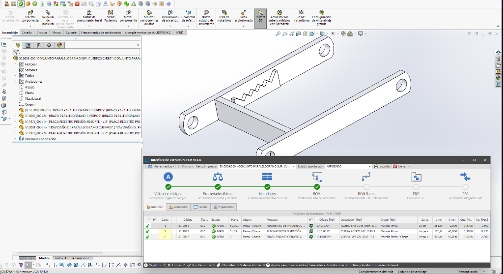 Interface de Estructura PLM - Plugin CAD 3D con Validador de 7 Etapas y Materia Prima